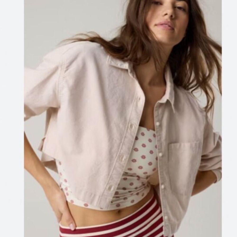 Aerie Offline Boxy Button Up Cropped Shirt Beige Womens Large